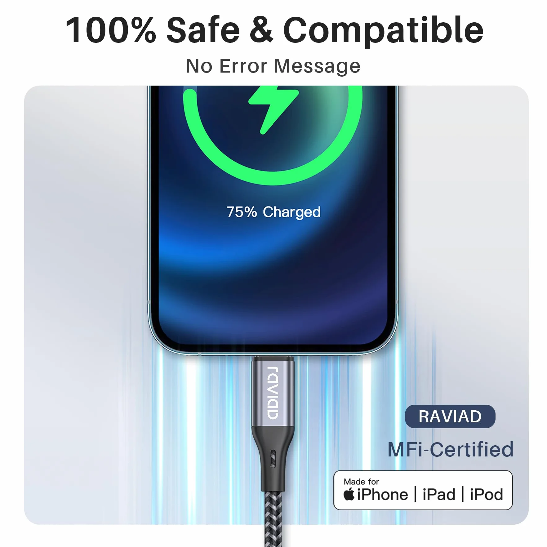 RAVIAD Kabel do ładowania iPhone'a, 1,2 m, z certyfikatem MFi, kabel Lightning oplatany nylonem kabel do szybkiego ładowania do iPhone'a 13 12 11 Pro Max Xs X XR 8 7 6s 6 SE 5 5s 5c, szary