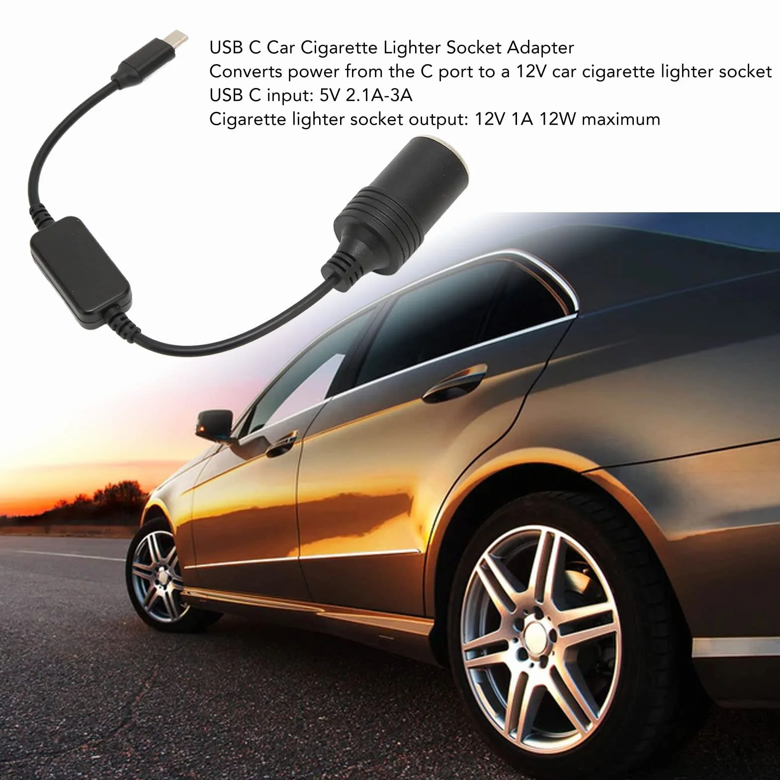 Adapter zapalniczki samochodowej 5V USB C męski na 12 V, konwerter zasilacza, USB C męski na 12 V żeński z kablem 30 cm