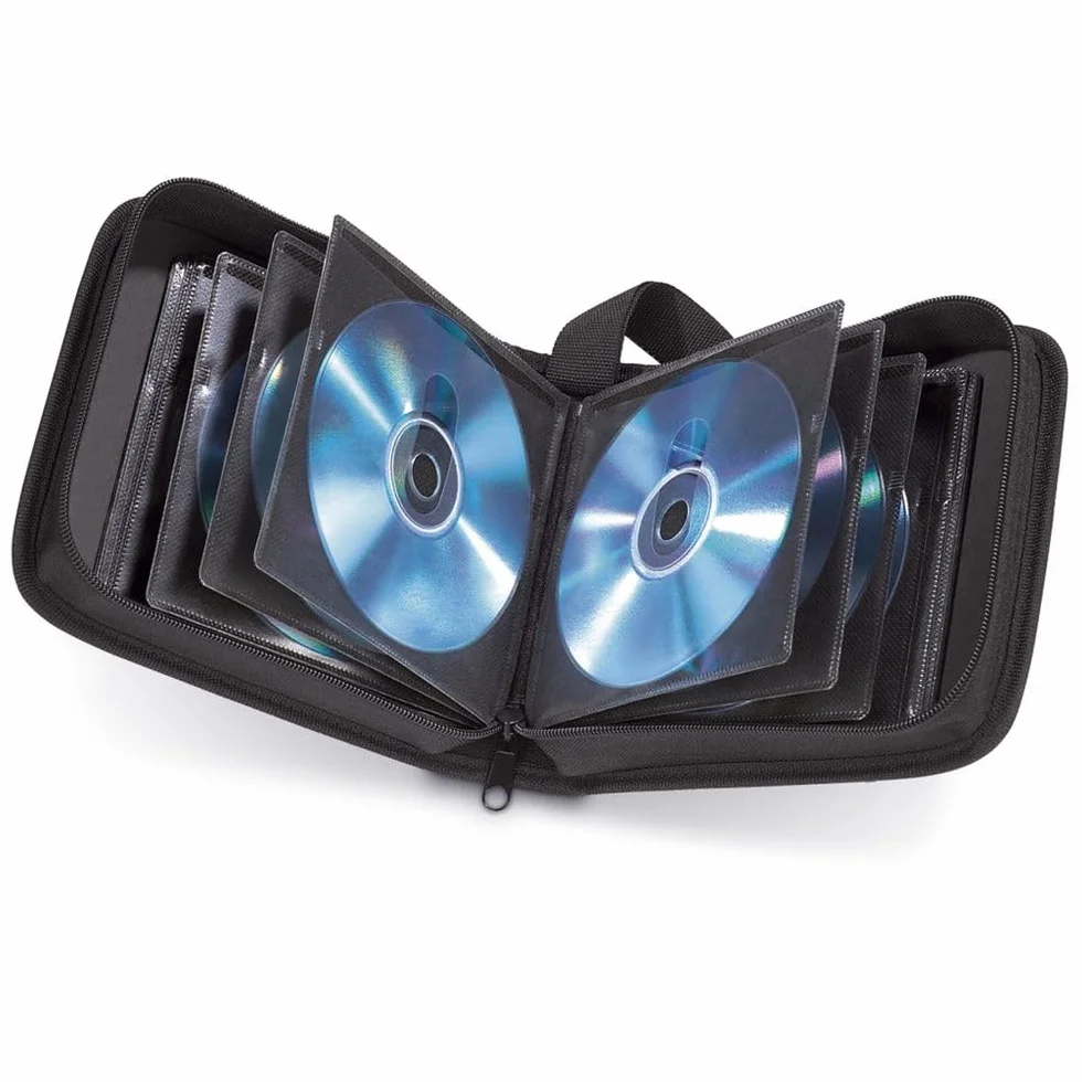 Hama Etui na płyty CD/DVD z koszulkami (wallet, pokrowiec, do przechowywania płyt CD, zamek błyskawiczny, na 32 płyty, nylon, z paskiem, 16,5 x 16,5 x 4.5 cm) czarne