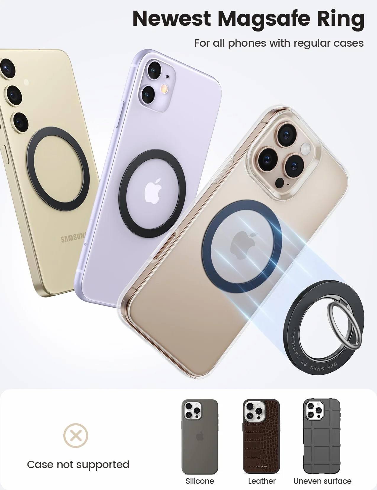 Lamicall naklejki pierścieniowej -[4 sztuk]Ekstra silny metalowy pierścień, Uniwersalny zestaw konwersyjny na bezdotykowego ładowania, odpowiedni dla iPhone 16/15/14/13/12,Galaxy,Android