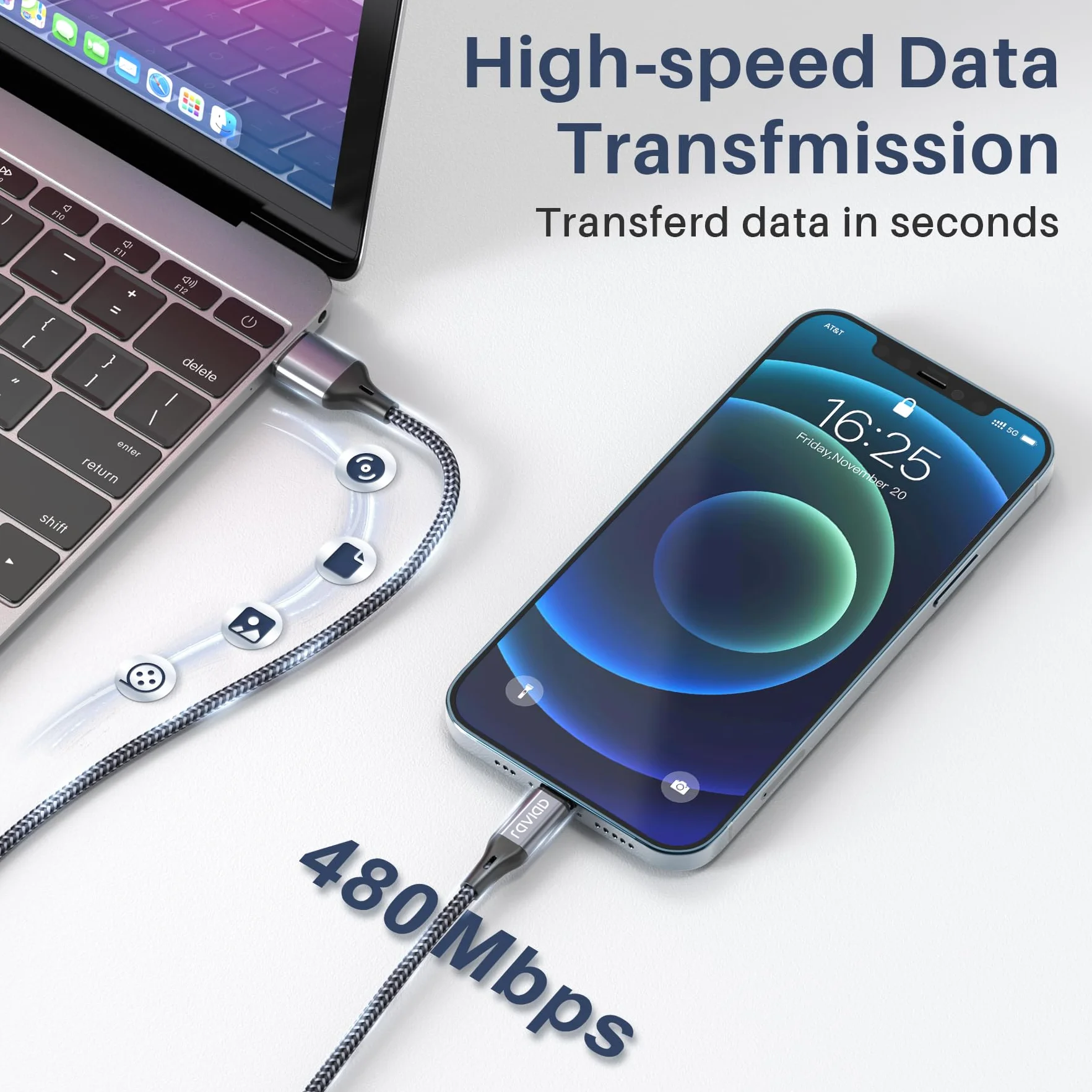RAVIAD Kabel do ładowania iPhone'a, 1,2 m, z certyfikatem MFi, kabel Lightning oplatany nylonem kabel do szybkiego ładowania do iPhone'a 13 12 11 Pro Max Xs X XR 8 7 6s 6 SE 5 5s 5c, szary