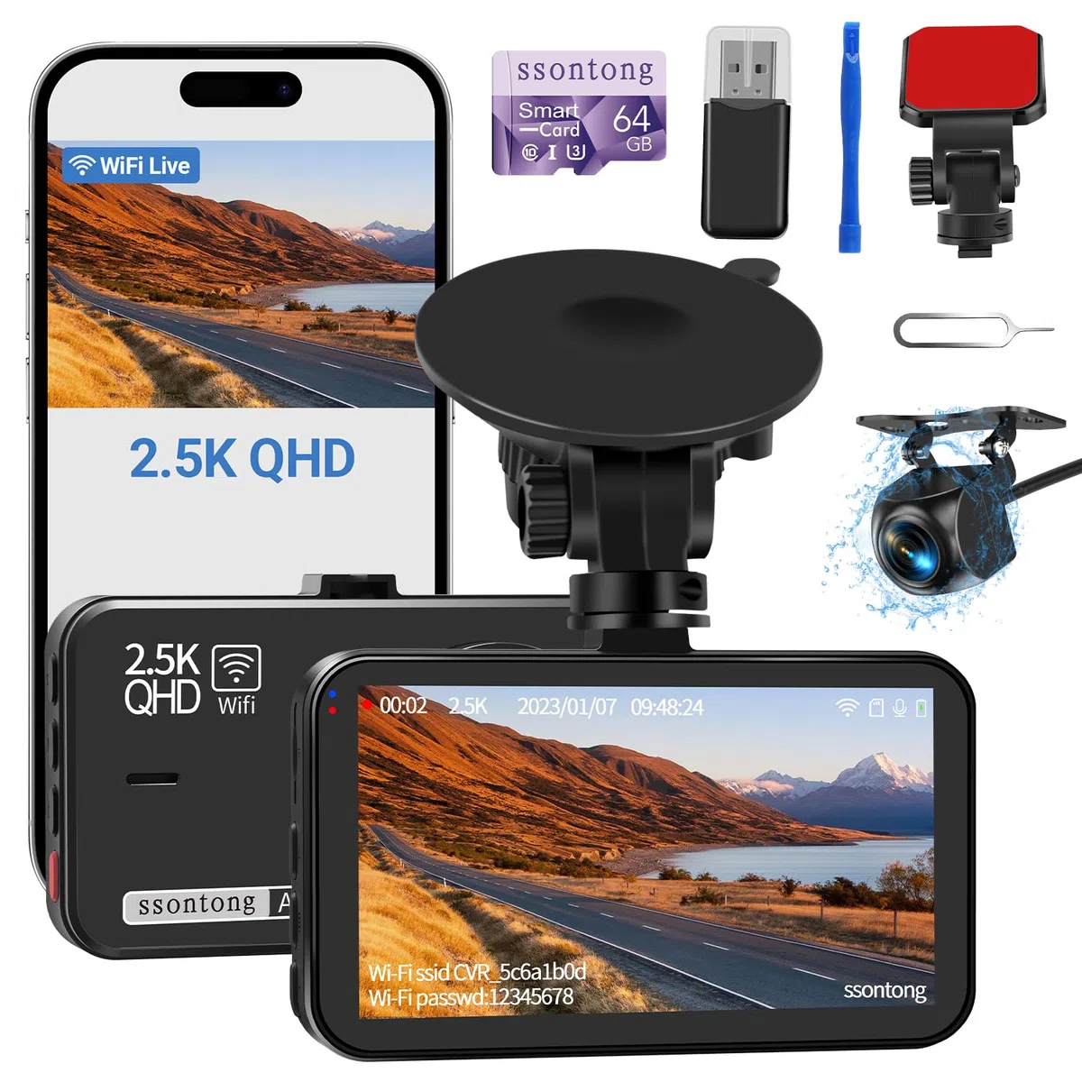 Dash Cam z przodu i z tyłu, kamera Dash Cam do samochodów WiFi/APP Control Dual Dashcam W/karta 64 GB, 2,5 K Dash Cam z przodu + 1080P tylny samochód