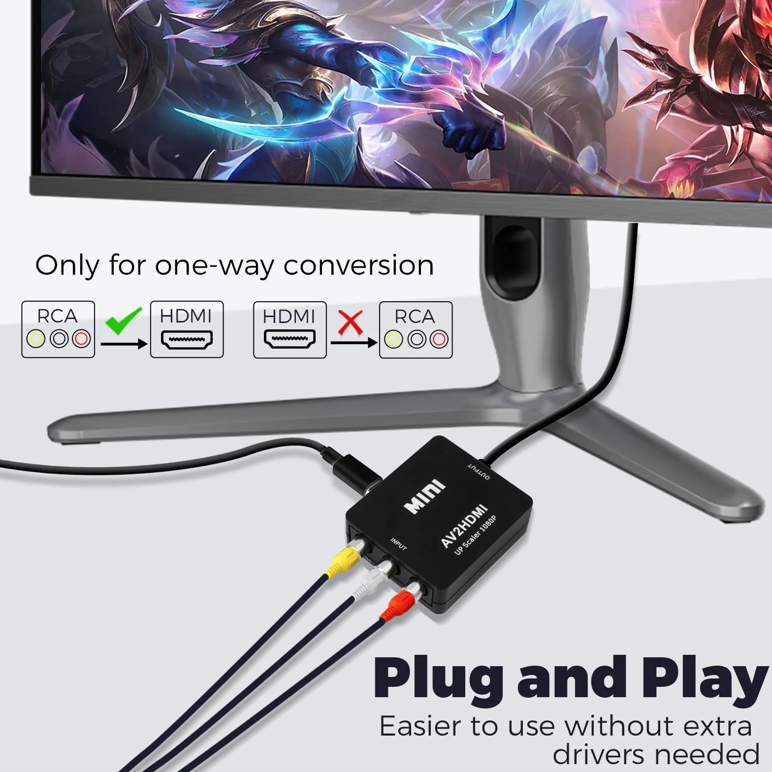 Konwerter RCA na HDMI, adapter AV na HDMI, 1080P CVBS Composite Audio Konwerter wideo z kablem zasilającym USB do kamery/PS2/SNES/VHS/Xbox/PS4/TV/DVD/Wii/obsługuje PAL/NTSC