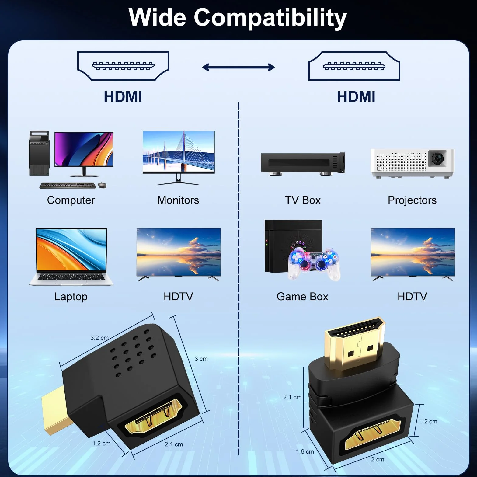 J&D Adapter kątowy HDMI, 4 szt. męski na żeński 90 stopni i 270 stopni kąt prosty i pod kątem 90 stopni w lewo i w prawo, pionowy płaski adapter HDMI z pozłacanymi złączami