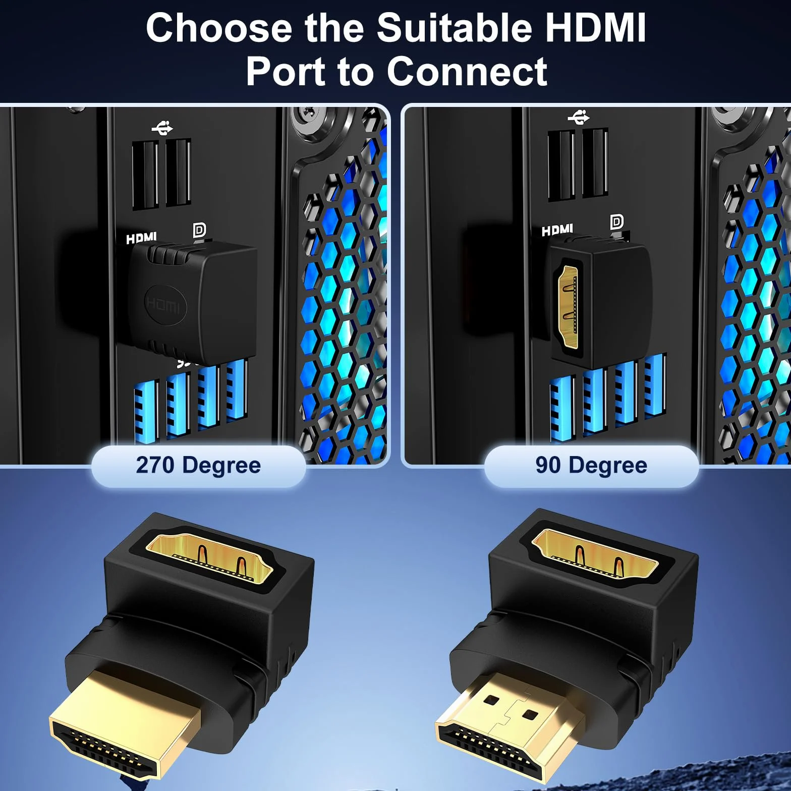 J&D Adapter kątowy HDMI, 4 szt. męski na żeński 90 stopni i 270 stopni kąt prosty i pod kątem 90 stopni w lewo i w prawo, pionowy płaski adapter HDMI z pozłacanymi złączami