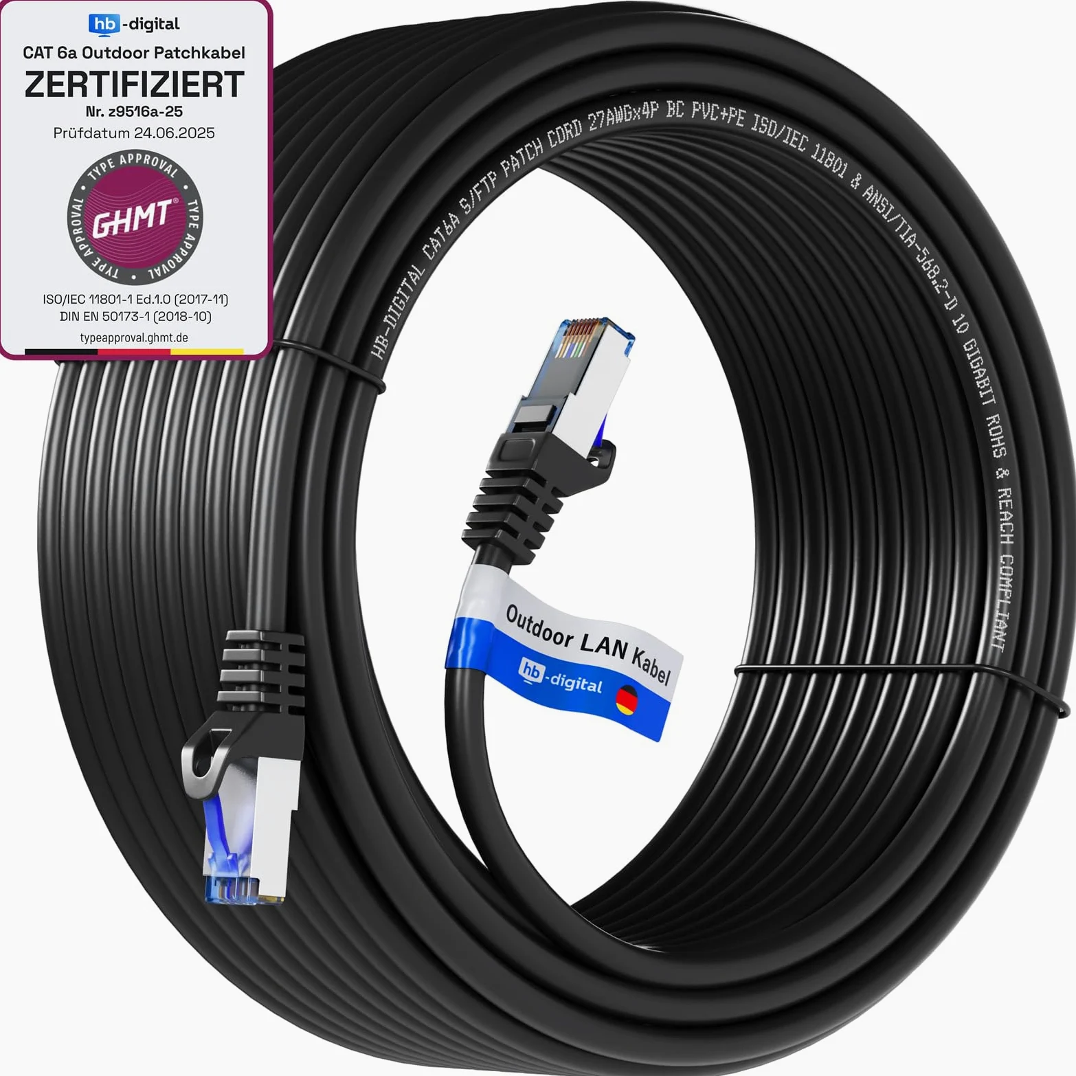 HB-DIGITAL Kabel sieciowy CAT 6a Outdoor LAN, kabel krosowy IP66 – certyfikat GHMT – RJ45 Ethernet S/FTP PiMF 10 Gbit/s AWG 27/7, do użytku na zewnątrz i wewnątrz, wodoszczelny, czarny