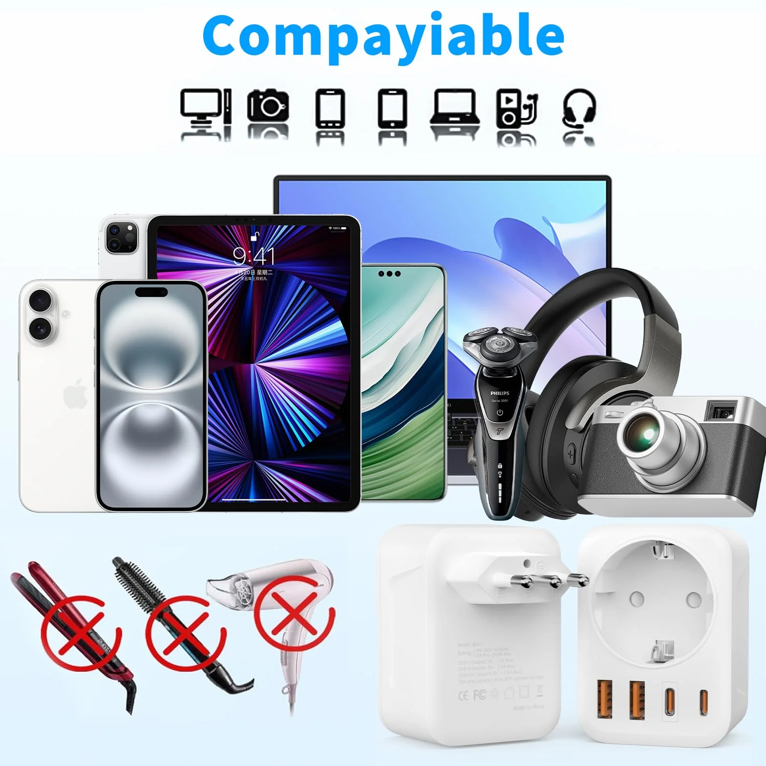Włoski adapter podróżny 5 w 1 Włochy z 1 AC i 2 USB-C i 2 USB-A (3,4 A), Włochy 3-pinowe wtyczki podróżne do Chile, Urugwaju, Etiopii, Erytrei, Syrii, wtyczka podróżna typu L