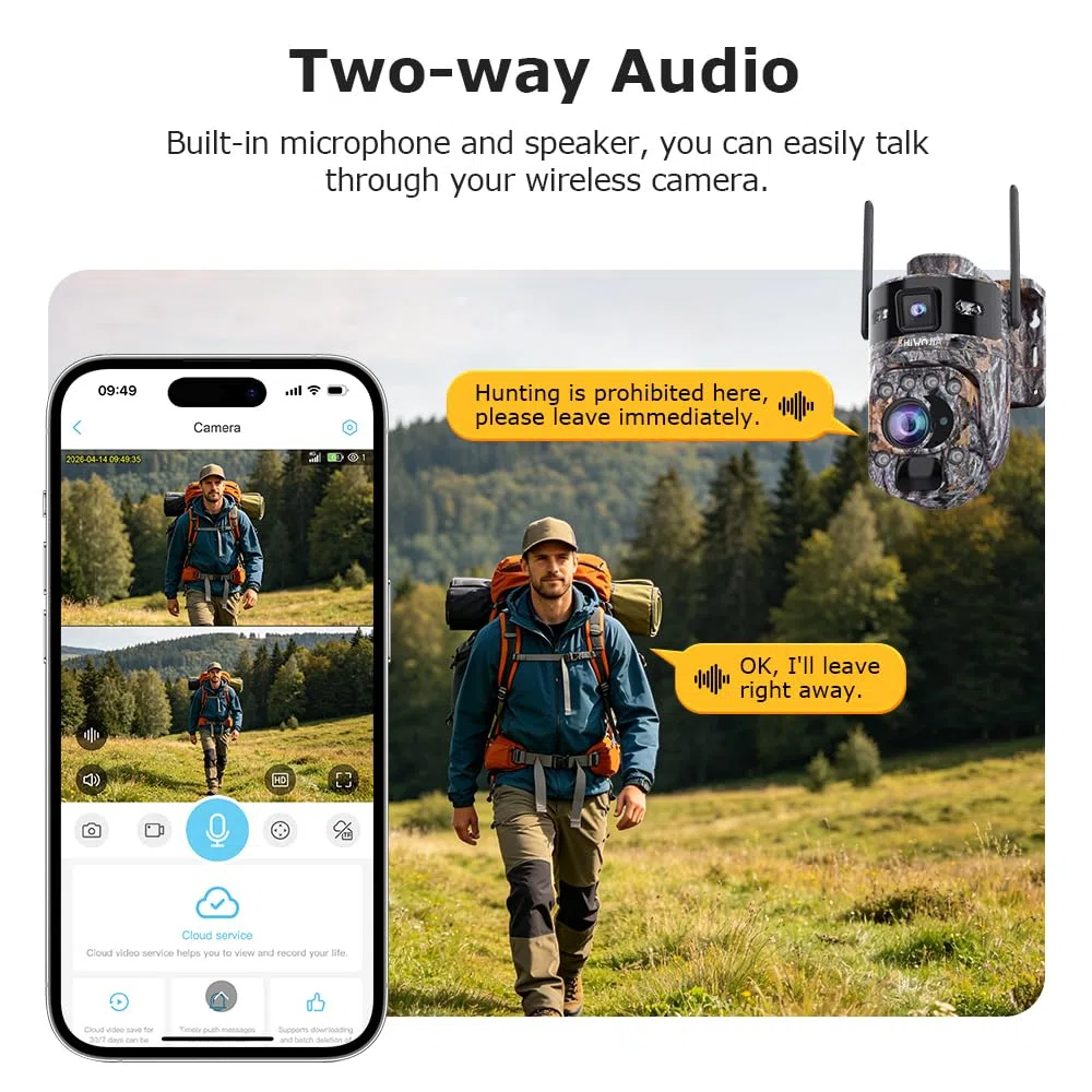 SHIWOJIA 4G AOV PTZ kamera bezpieczeństwa zewnętrzna z dwoma obiektywami 10 MP, 22-krotny zoom hybrydowy, [nagrywanie ciągłe 24/7], bateria 20800 mAh, panel słoneczny 14 W, z kartą SIM, automatyczne