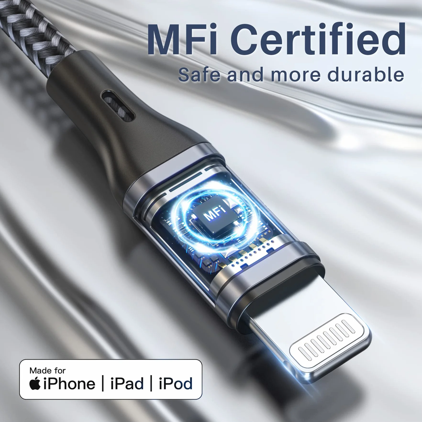 RAVIAD Kabel do ładowania iPhone'a, 1,2 m, z certyfikatem MFi, kabel Lightning oplatany nylonem kabel do szybkiego ładowania do iPhone'a 13 12 11 Pro Max Xs X XR 8 7 6s 6 SE 5 5s 5c, szary