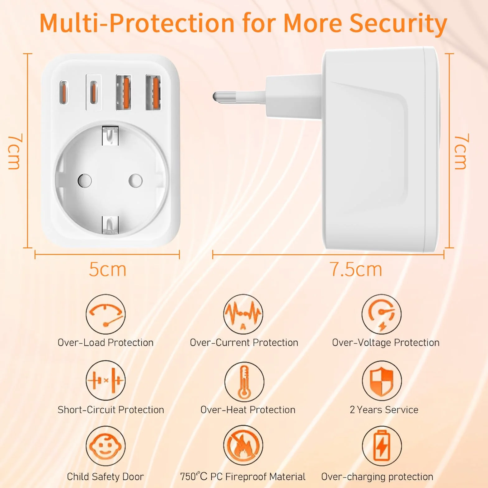 Włoski adapter podróżny 5 w 1 Włochy z 1 AC i 2 USB-C i 2 USB-A (3,4 A), Włochy 3-pinowe wtyczki podróżne do Chile, Urugwaju, Etiopii, Erytrei, Syrii, wtyczka podróżna typu L