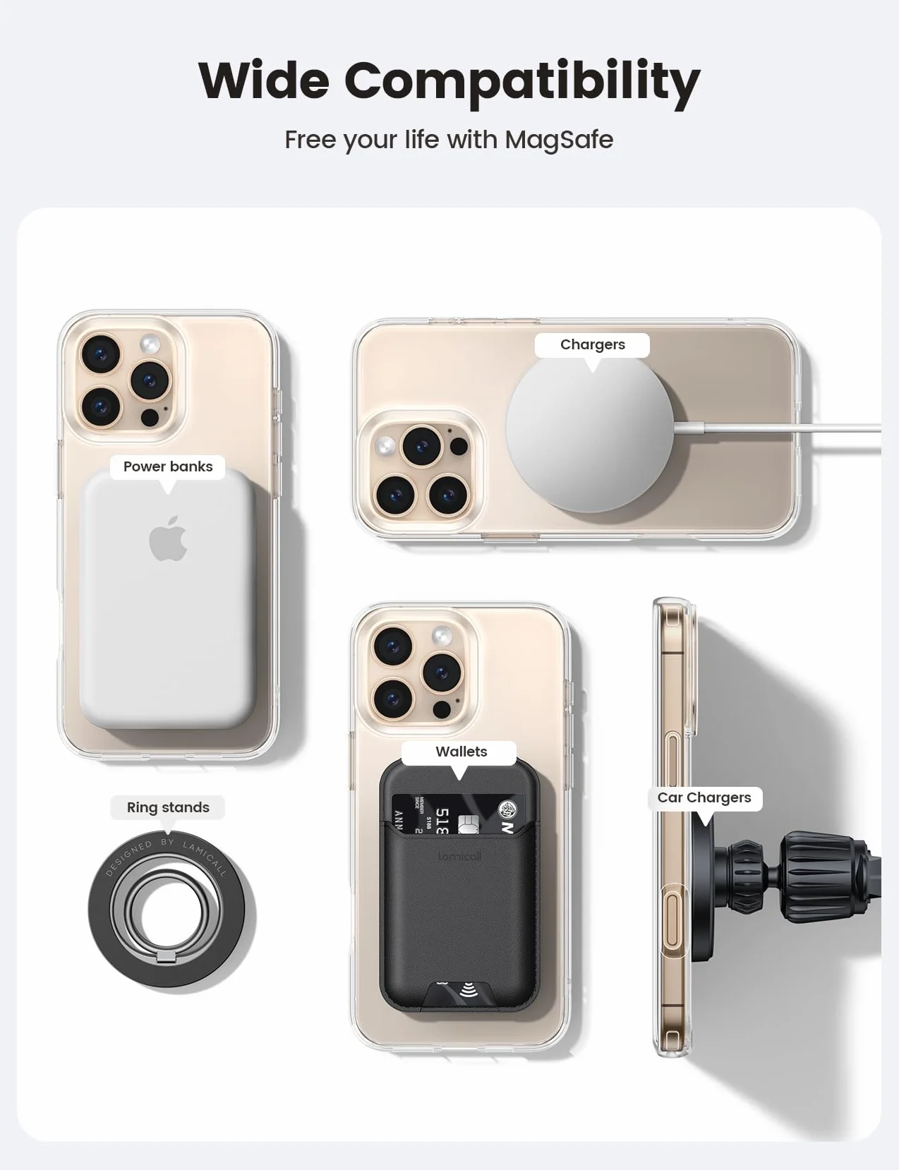 Lamicall naklejki pierścieniowej -[4 sztuk]Ekstra silny metalowy pierścień, Uniwersalny zestaw konwersyjny na bezdotykowego ładowania, odpowiedni dla iPhone 16/15/14/13/12,Galaxy,Android
