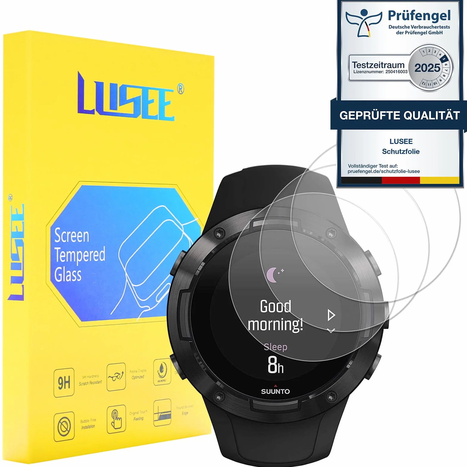 Lusee 3 sztuki szkła hartowanego do smartwatcha (okrągłe, średnica 36 mm), uniwersalna folia ochronna na ekran 9H, przezroczyste HD, odporne na zarysowania, ochrona ekranu, 2,5D