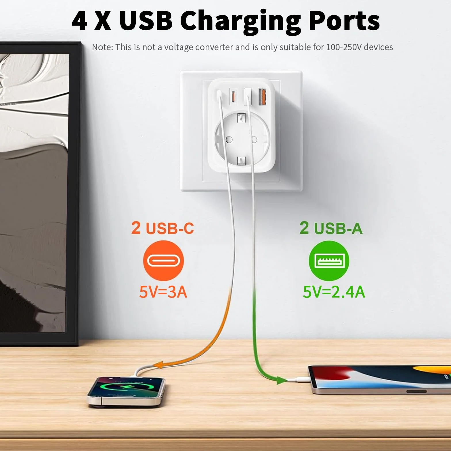 Włoski adapter podróżny 5 w 1 Włochy z 1 AC i 2 USB-C i 2 USB-A (3,4 A), Włochy 3-pinowe wtyczki podróżne do Chile, Urugwaju, Etiopii, Erytrei, Syrii, wtyczka podróżna typu L