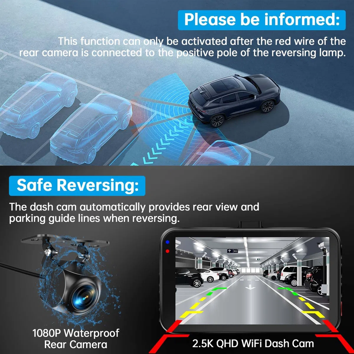 Dash Cam z przodu i z tyłu, kamera Dash Cam do samochodów WiFi/APP Control Dual Dashcam W/karta 64 GB, 2,5 K Dash Cam z przodu + 1080P tylny samochód