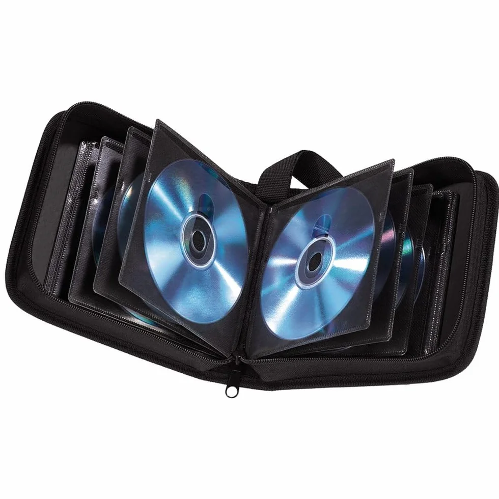 Hama Etui na płyty CD/DVD z koszulkami (wallet, pokrowiec, do przechowywania płyt CD, zamek błyskawiczny, na 32 płyty, nylon, z paskiem, 16,5 x 16,5 x 4.5 cm) czarne