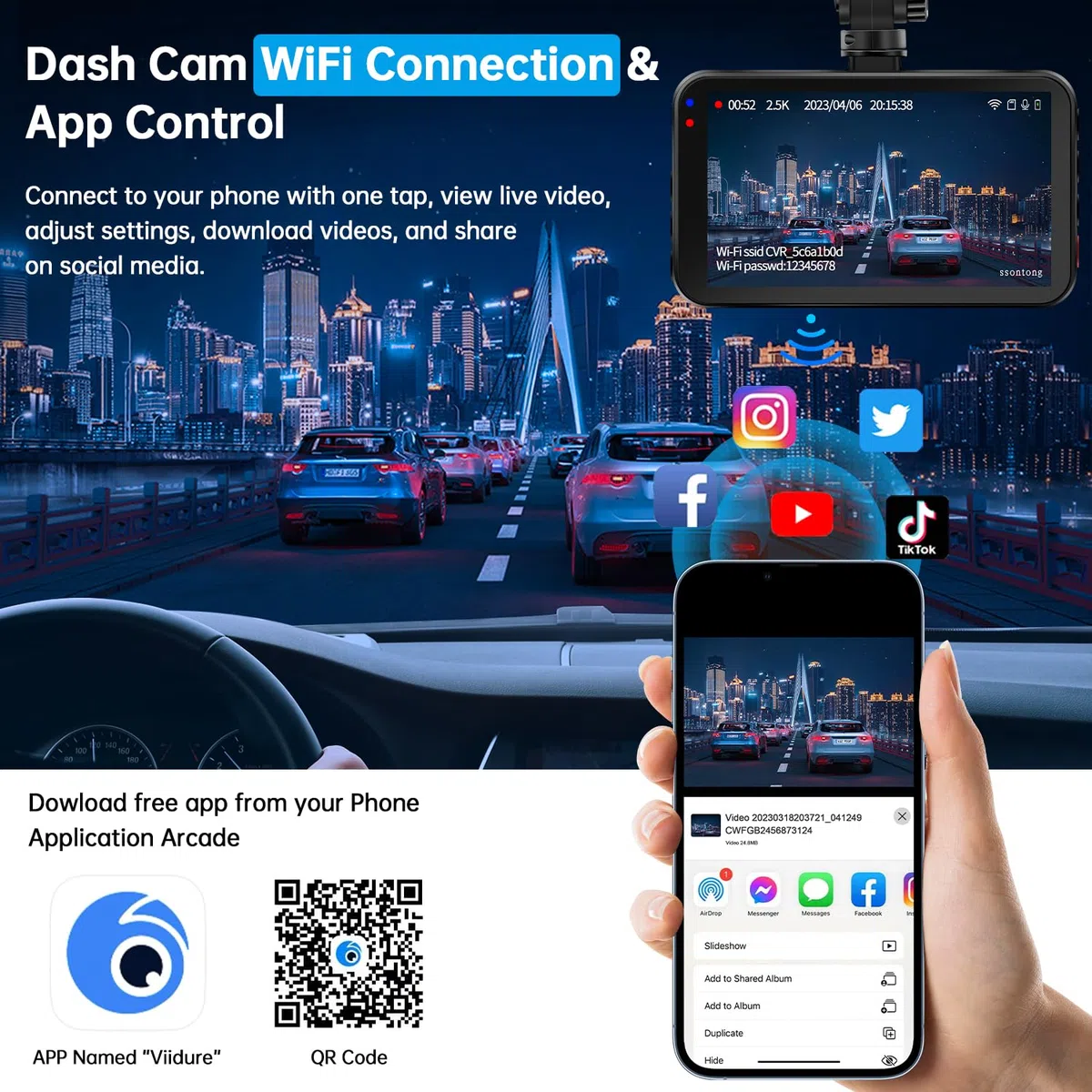 Dash Cam z przodu i z tyłu, kamera Dash Cam do samochodów WiFi/APP Control Dual Dashcam W/karta 64 GB, 2,5 K Dash Cam z przodu + 1080P tylny samochód