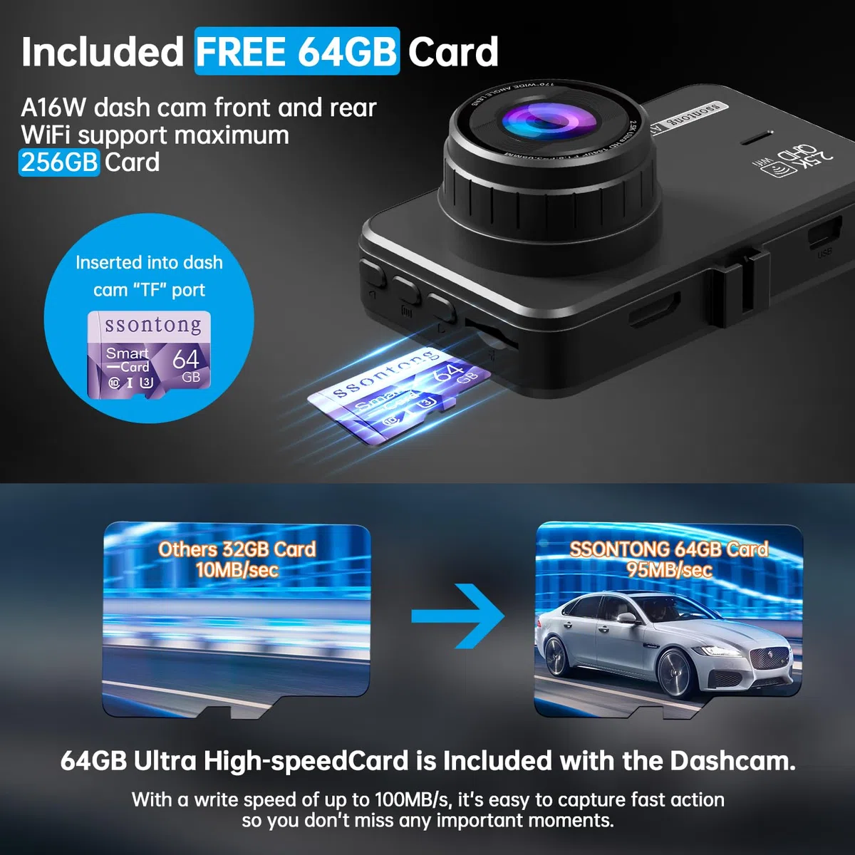 Dash Cam z przodu i z tyłu, kamera Dash Cam do samochodów WiFi/APP Control Dual Dashcam W/karta 64 GB, 2,5 K Dash Cam z przodu + 1080P tylny samochód