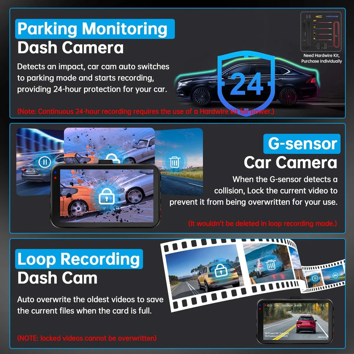 Dash Cam z przodu i z tyłu, kamera Dash Cam do samochodów WiFi/APP Control Dual Dashcam W/karta 64 GB, 2,5 K Dash Cam z przodu + 1080P tylny samochód