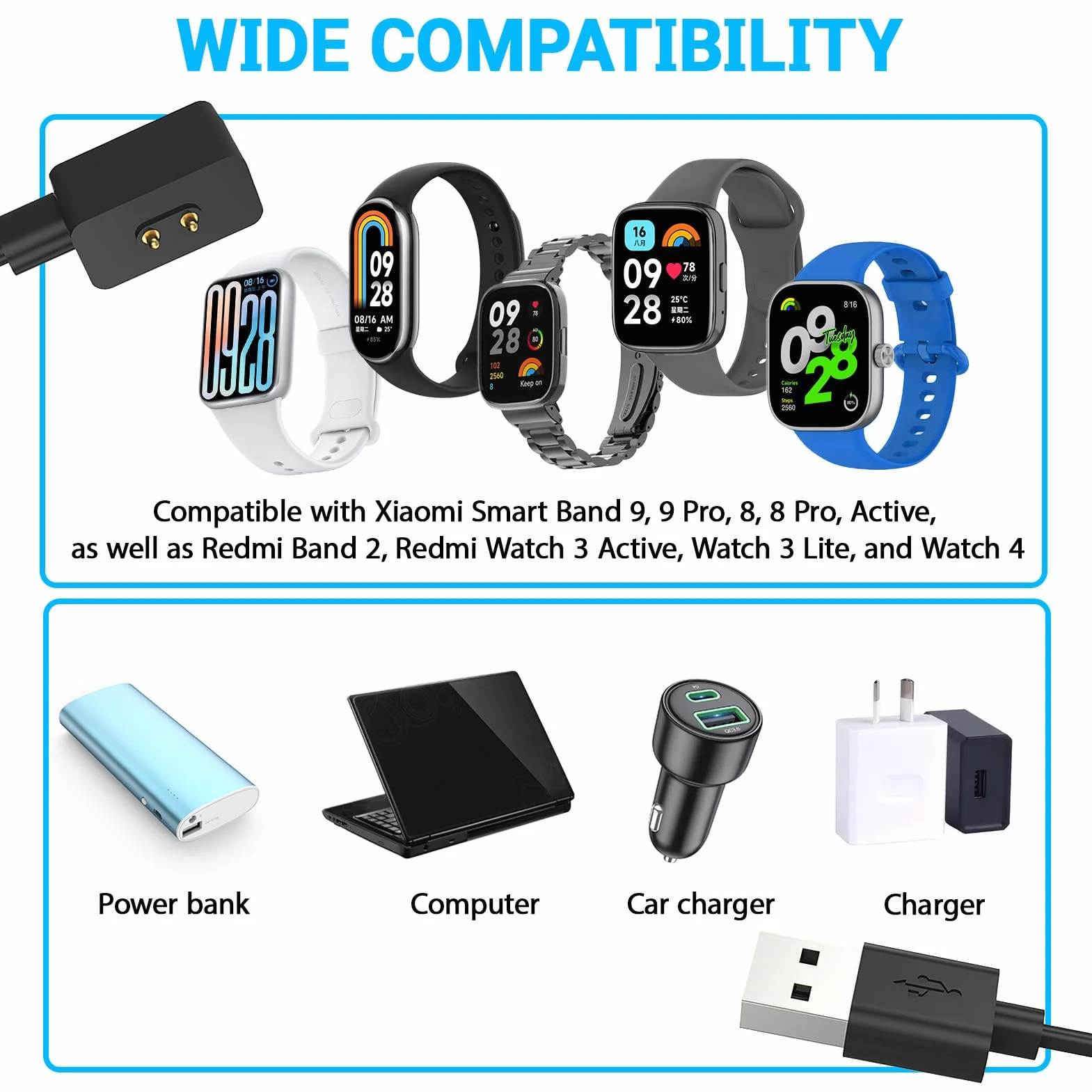 2 kable ładowarki do zegarka Redmi Watch 5/5 Active/5 Lite/4/3 Active/3 Lite, 1 m kabel USB do ładowania kompatybilny z Xiaomi Smart Band 9/9 pro/8/8 Pro/Active, USB 5 V 1 A szybkie ładowanie