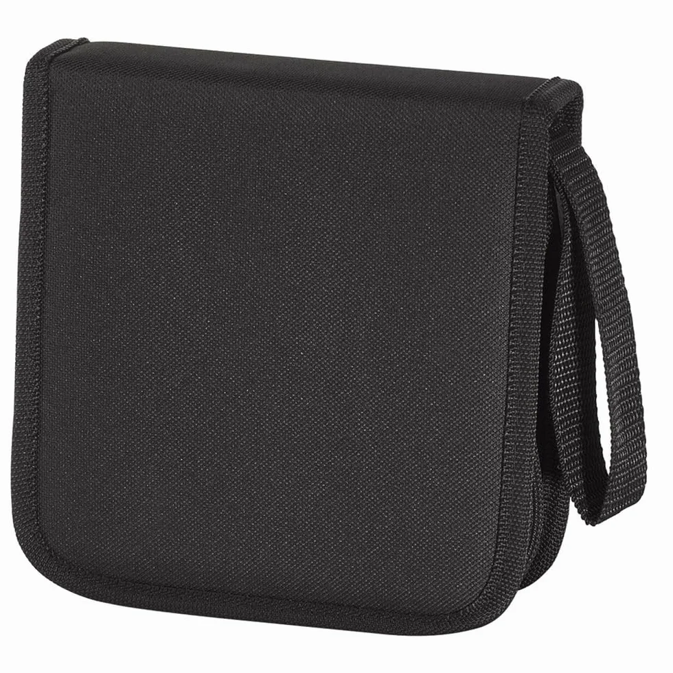 Hama Etui na płyty CD/DVD z koszulkami (wallet, pokrowiec, do przechowywania płyt CD, zamek błyskawiczny, na 32 płyty, nylon, z paskiem, 16,5 x 16,5 x 4.5 cm) czarne
