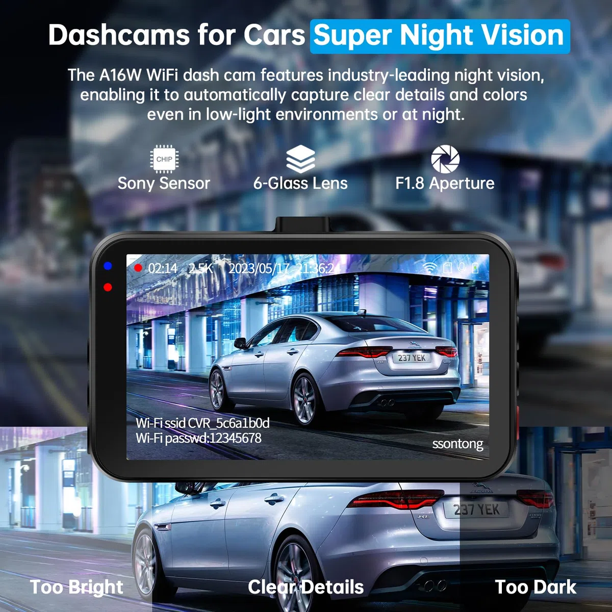 Dash Cam z przodu i z tyłu, kamera Dash Cam do samochodów WiFi/APP Control Dual Dashcam W/karta 64 GB, 2,5 K Dash Cam z przodu + 1080P tylny samochód