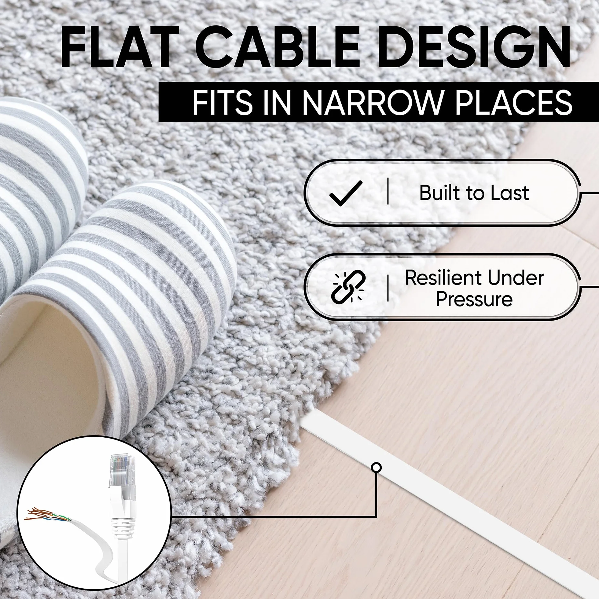 Mr. Tronic Płaski kabel sieciowy Ethernet Cat 6, kabel sieciowy LAN z portami RJ45 do szybkiego i niezawodnego Internetu, AWG24 płaski kabel krosowy Cat 6 | 1 Gbps UTP CCA (10 metrów, biały)