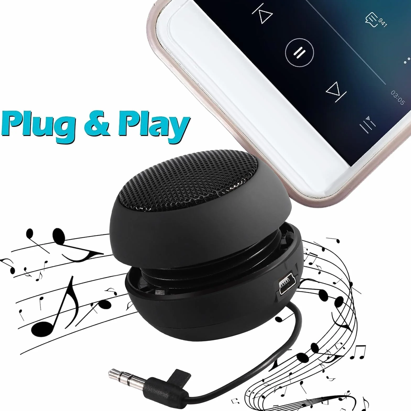 Mini głośnik 3,5 mm, czarny, chowany głośnik podróżny z kablem USB do MP3, telefonów komórkowych, komputerów itp.