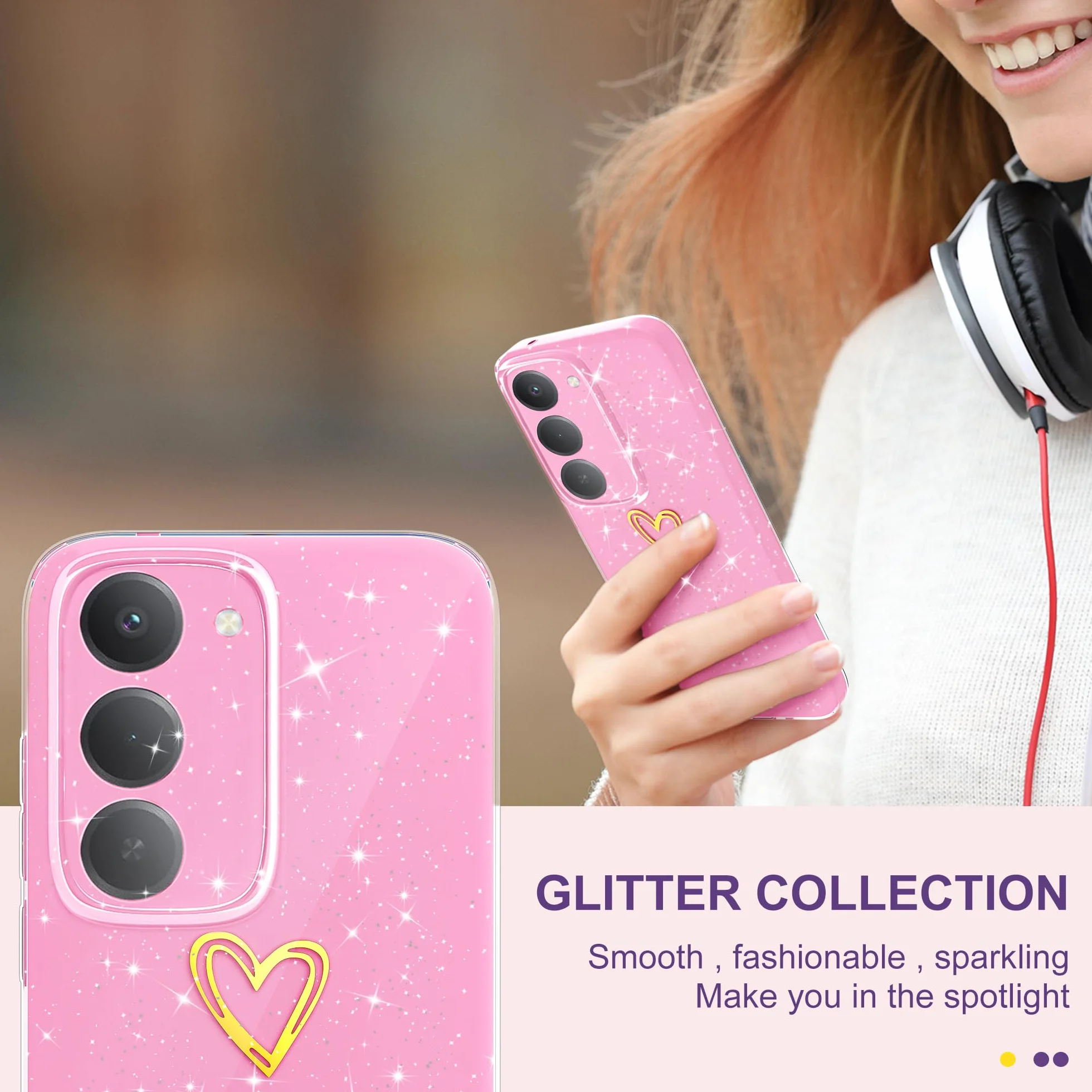 Pokrowiec na Xiaomi Redmi 15 4G/5G Glitter TPU Silikonowe błyszczące etui z ochroną aparatu Cienkie serce wzór miękkie odporne na wstrząsy ochronne etui do Redmi 15, różowy