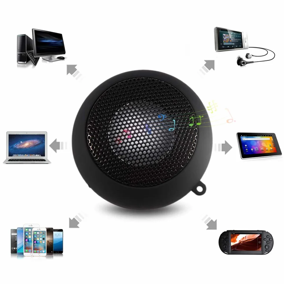 Mini głośnik 3,5 mm, czarny, chowany głośnik podróżny z kablem USB do MP3, telefonów komórkowych, komputerów itp.