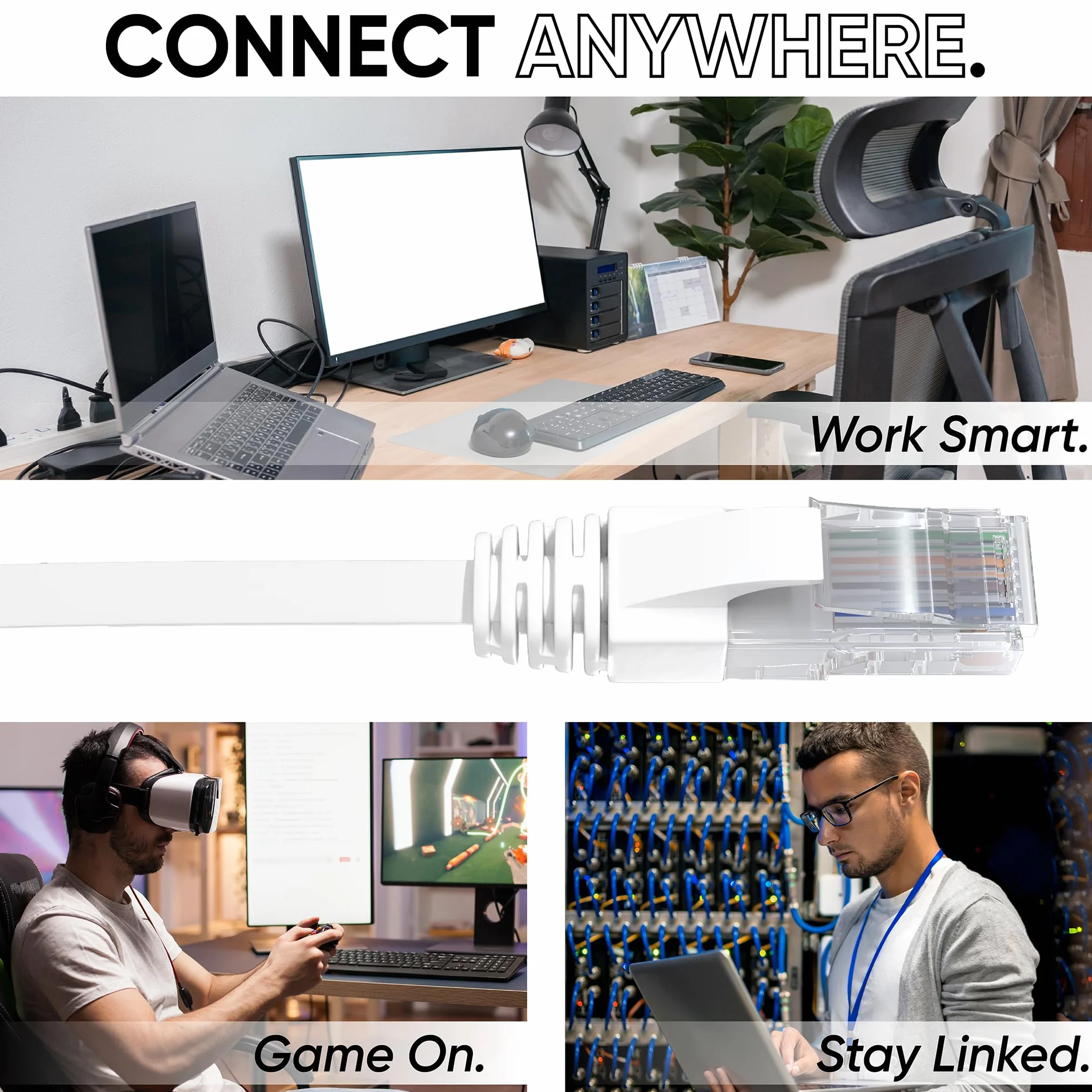 Mr. Tronic Płaski kabel sieciowy Ethernet Cat 6, kabel sieciowy LAN z portami RJ45 do szybkiego i niezawodnego Internetu, AWG24 płaski kabel krosowy Cat 6 | 1 Gbps UTP CCA (10 metrów, biały)