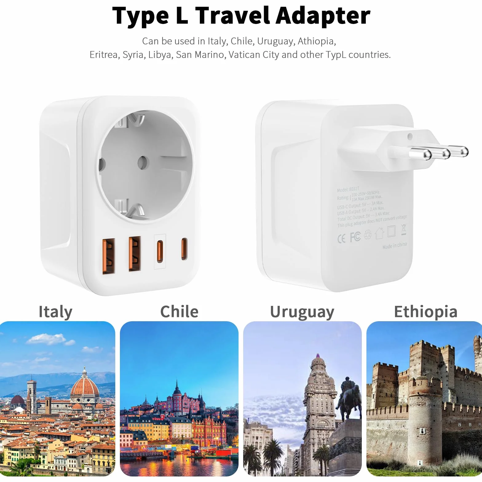 Włoski adapter podróżny 5 w 1 Włochy z 1 AC i 2 USB-C i 2 USB-A (3,4 A), Włochy 3-pinowe wtyczki podróżne do Chile, Urugwaju, Etiopii, Erytrei, Syrii, wtyczka podróżna typu L