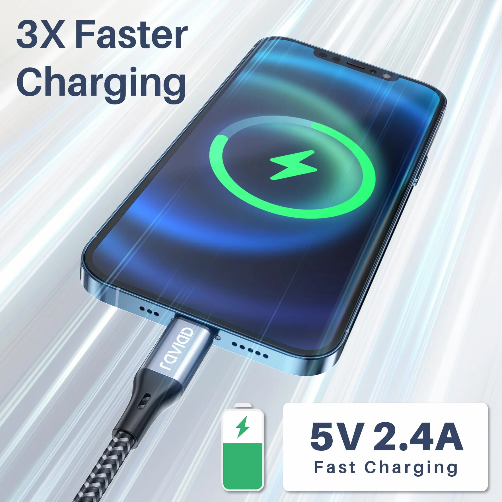 RAVIAD Kabel do ładowania iPhone'a, 1,2 m, z certyfikatem MFi, kabel Lightning oplatany nylonem kabel do szybkiego ładowania do iPhone'a 13 12 11 Pro Max Xs X XR 8 7 6s 6 SE 5 5s 5c, szary