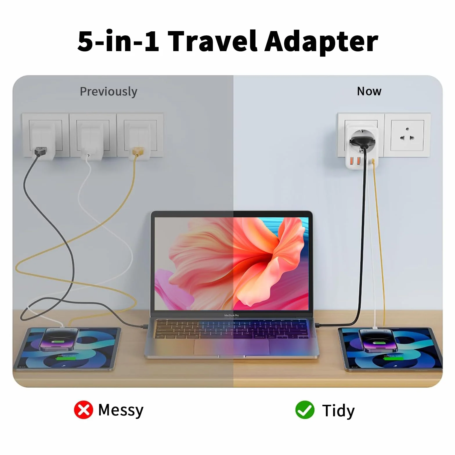 Włoski adapter podróżny 5 w 1 Włochy z 1 AC i 2 USB-C i 2 USB-A (3,4 A), Włochy 3-pinowe wtyczki podróżne do Chile, Urugwaju, Etiopii, Erytrei, Syrii, wtyczka podróżna typu L