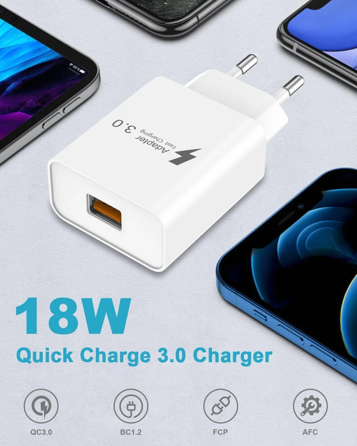 Ładowarka USB 18 W z kablem USB C 2 m do Samsung Galaxy A53/A15/A13/A14/S10/S9/S8/S23/S22/S21, Xiaomi, iPhone 15 16 Pro Max, QC 3.0 szybka ładowarka USB C ładowarka zasilacz wtyczka USB C adapter