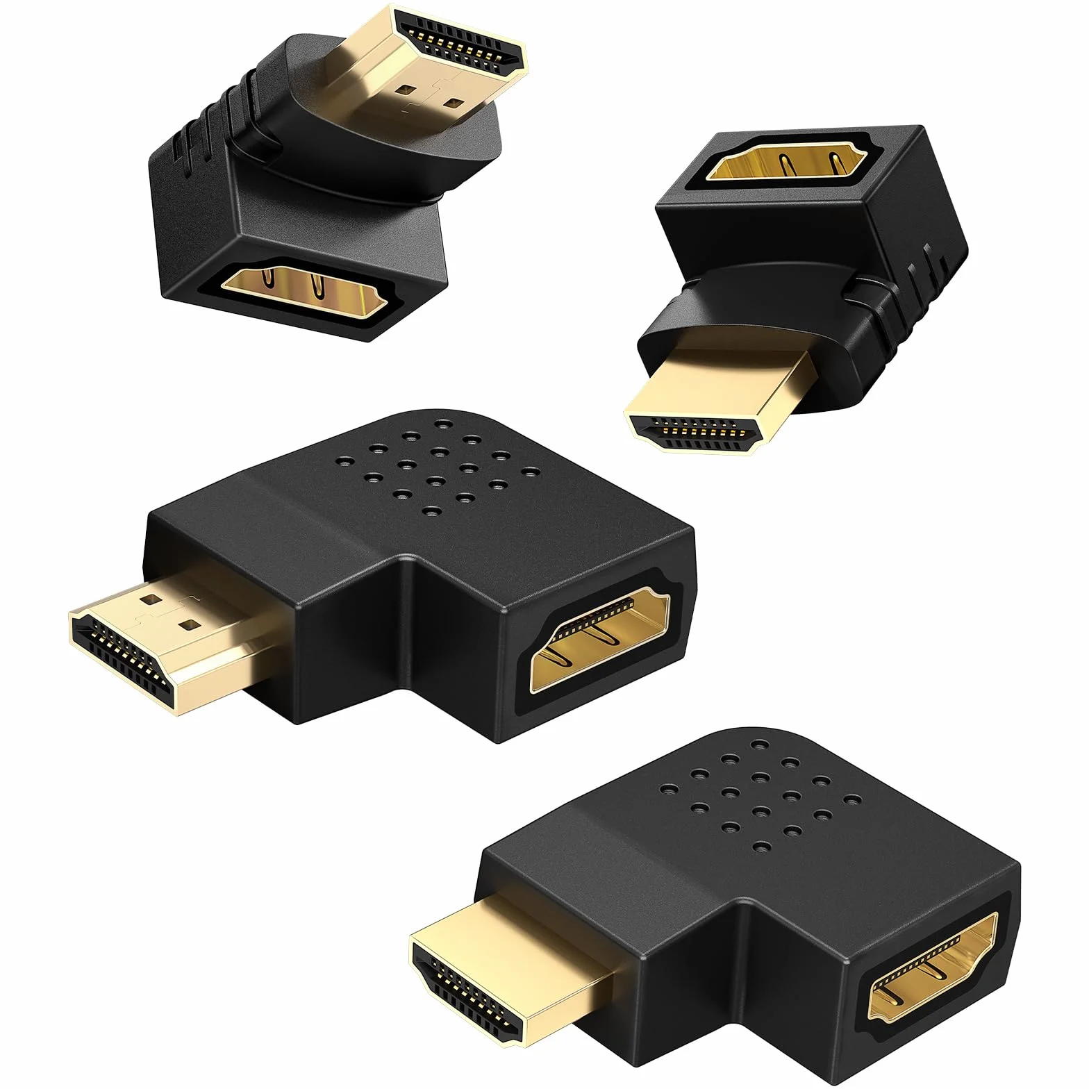 J&D Adapter kątowy HDMI, 4 szt. męski na żeński 90 stopni i 270 stopni kąt prosty i pod kątem 90 stopni w lewo i w prawo, pionowy płaski adapter HDMI z pozłacanymi złączami