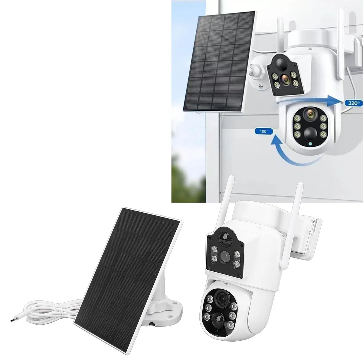 Outdoorowe Kamery Bezpieczeństwa Słonecznego 2MP Podwójny Obiektyw, Zdalna sieć Kamera Wi -Fi, Zestaw Systemu Nadzoru z Panelem Słonecznym, 110 ° Widok, Dom i Podwórko