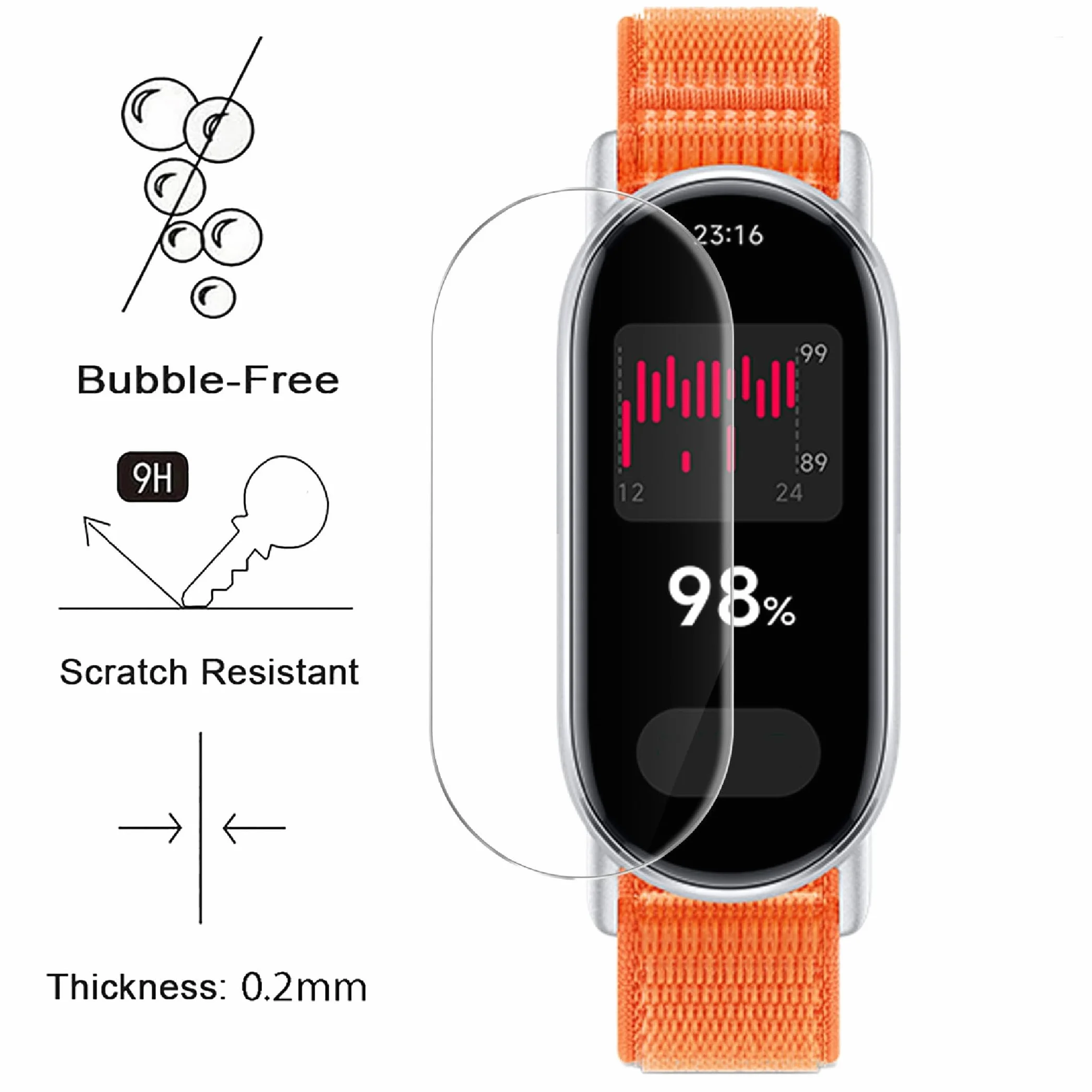GIOPUEY Ochraniacz ekranu do Xiaomi Mi Smart Band 9, [6 opakowań] elastyczna folia ochronna na ekran TPU, odporna na pęcherzyki powietrza, odporna na zużycie, przezroczysta