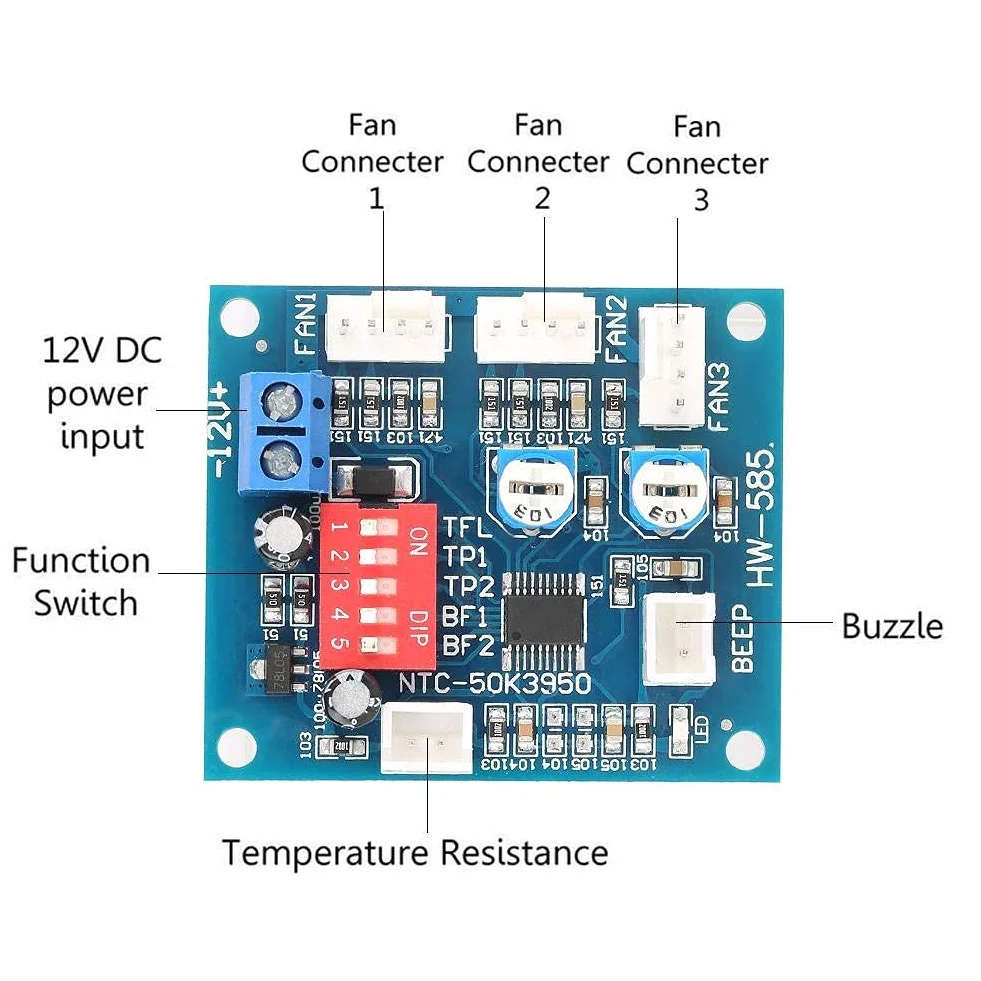 Samodzielny kontroler wentylatora PWM DC 12V 4-przewodowy termostat, kontroler PWM kontroler prędkości wentylatora z czujnikiem, moduł kontrolera DIY do kontrolera temperatury wentylatora PC + brzęczyk i sonda