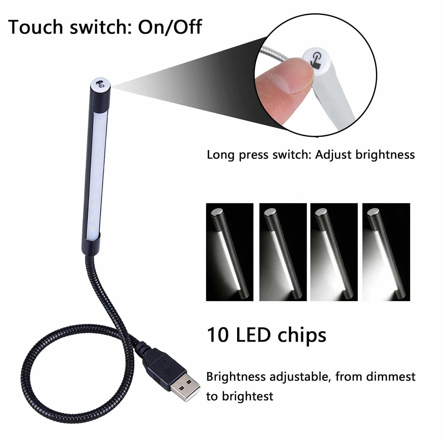 HENGBIRD 2 sztuki lamp LED USB, 10 diod LED, światło typu łabędzia szyja, lampa USB, przełącznik dotykowy, światło do czytania, możliwość regulacji jasności, lampka do czytania, klawiatury, laptopa