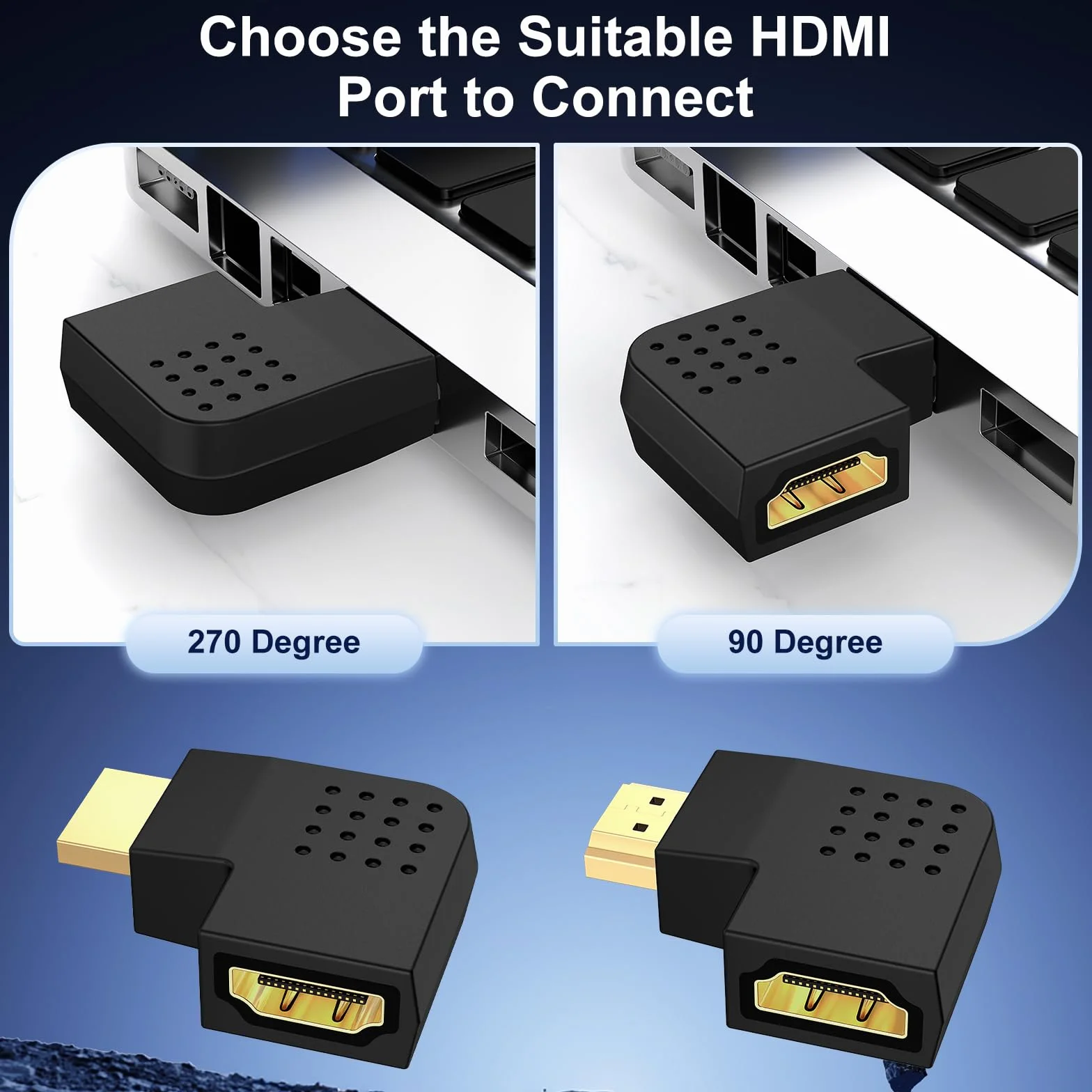 J&D Adapter kątowy HDMI, 4 szt. męski na żeński 90 stopni i 270 stopni kąt prosty i pod kątem 90 stopni w lewo i w prawo, pionowy płaski adapter HDMI z pozłacanymi złączami
